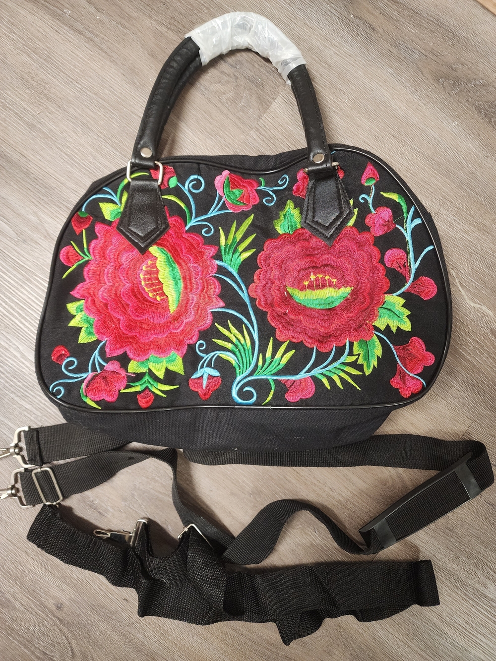 Embroidered Floral Black Tote Bag - Pink & Green Accent